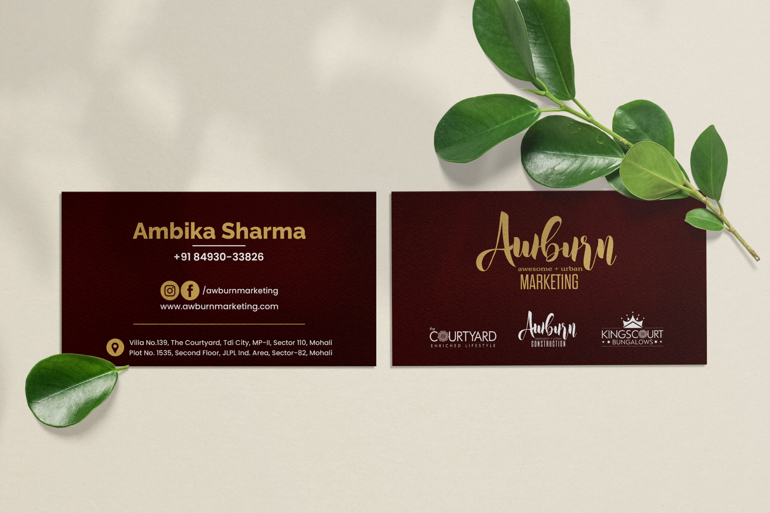 Clean minimal business card mockup on texture with leaves background. PSD file.